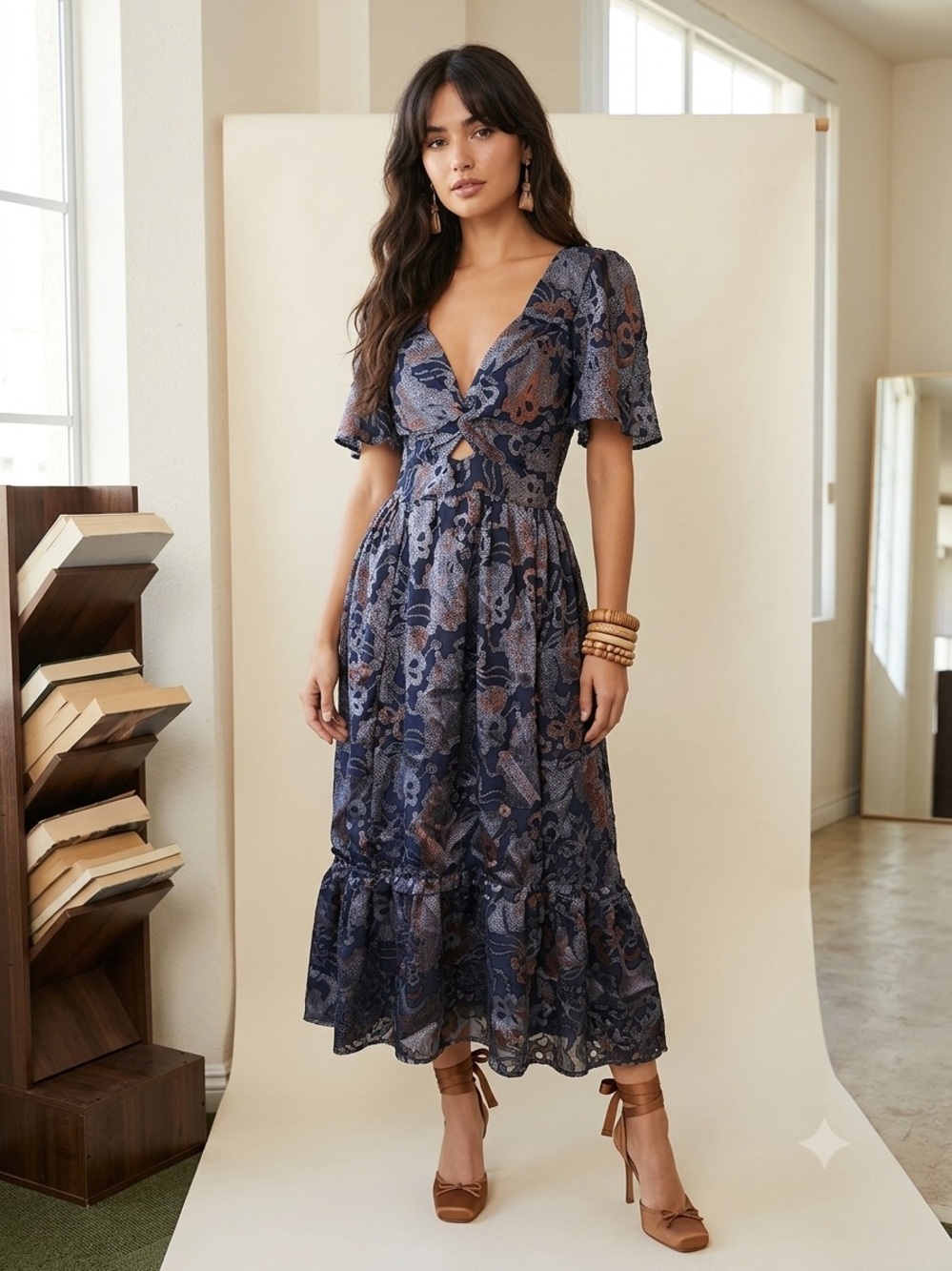 Angie Women's Size M Midi Dress Navy Blue Patterned Flutter Sleeve